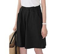 ORANDESIGNE Bermuda da Donna Moda Vita Elastica Pantaloncini in Cotone e Lino Pantaloni Corti Tinta Unita Casual Oversize da Casa Shorts Dritti Pantaloncini a Gamba Larga F Nero XXL