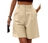 ORANDESIGNE Bermuda da Donna Moda Vita Elastica Pantaloncini in Cotone e Lino Pantaloni Corti Tinta Unita Casual Oversize da Casa Shorts Dritti Pantaloncini a Gamba Larga A Cachi Chiaro M