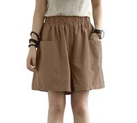 ORANDESIGNE Bermuda da Donna Moda Vita Elastica Pantaloncini in Cotone e Lino Pantaloni Corti Tinta Unita Casual Oversize da Casa Shorts Dritti Pantaloncini a Gamba Larga E Cachi XXL