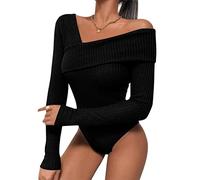 ORANDESIGNE Body in Maglia Waffle Donna Elegante Una Spalla Manica Lunga Collo Asimmetrico Bodysuit Camicie A Nero M