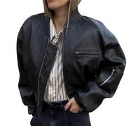 ORANDESIGNE Bomber Pelle Nera Donna Giacca Vintage Giacca corta in Ecopelle Cappotto Corto da Moto Primavera Autunno Giacche da Baseball Oversize a Maniche Lunghe Cappotti E Nero XS