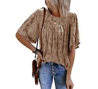 ORANDESIGNE Camicetta da Donna Camicia di Pizzo Manica Corta Camicie con Maniche a Campana Babydoll Top Girocollo Top in Chiffon Floreale A Marrone XL