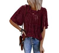 ORANDESIGNE Camicetta da Donna Camicia di Pizzo Manica Corta Camicie con Maniche a Campana Babydoll Top Girocollo Top in Chiffon Floreale A Vino Rosso L