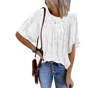 ORANDESIGNE Camicetta da Donna Camicia di Pizzo Manica Corta Camicie con Maniche a Campana Babydoll Top Girocollo Top in Chiffon Floreale A Bianco L