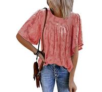 ORANDESIGNE Camicetta da Donna Camicia di Pizzo Manica Corta Camicie con Maniche a Campana Babydoll Top Girocollo Top in Chiffon Floreale A Rosa L