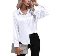 ORANDESIGNE Camicia Donna Camicetta in Raso Elegante Scollo a V Manica Lunga Tinta Unita Camicie Button Down Moda Tunica Top Casual Formal Party Camicette da Lavoro Shirt da Sera A Bianco S