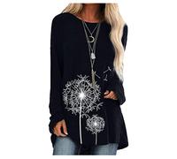 ORANDESIGNE Camicia Donna Elegante Manica Lunga Stampa di Tarassaco Felpa Maglietta Casual Girocollo Sweatshirt Tunica Taglie Forti A Nero XXL
