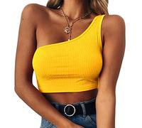 ORANDESIGNE Canottiera Donna Elegante Sexy Top Corto Maglietta Pancia Fuori Canotta Casual Una Spalla Crop Top Estive Moda Tinta Unita Basic Strap Top Tshirt A Giallo M