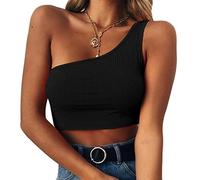 ORANDESIGNE Canottiera Donna Elegante Sexy Top Corto Maglietta Pancia Fuori Canotta Casual Una Spalla Crop Top Estive Moda Tinta Unita Basic Strap Top Tshirt A Nero M