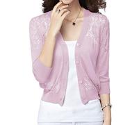 ORANDESIGNE Cardigan Corto Donna Elegante Scheletro Coprispalle Giacchetto Bolerò in Maglia Leggero Manica 3/4 Semplice Maglione con Bottoni Giacca Aperta Primavera Autunno A Viola XL
