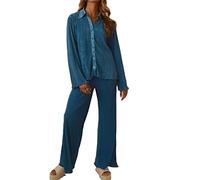 ORANDESIGNE Completi Tuta Casual 2 Pezzi da Donna Completi Manica Lunga Camicie abbottonate e Pantaloni a Vita Alta Set Estate Autunno Y2K Streetwear B Blu XS