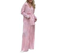 ORANDESIGNE Completi Tuta Casual 2 Pezzi da Donna Completi Manica Lunga Camicie abbottonate e Pantaloni a Vita Alta Set Estate Autunno Y2K Streetwear A Rosa L