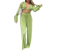 ORANDESIGNE Completi Tuta Casual 2 Pezzi da Donna Completi Manica Lunga Camicie abbottonate e Pantaloni a Vita Alta Set Estate Autunno Y2K Streetwear D Verde M