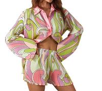 ORANDESIGNE Completi Tuta Casual 2 Pezzi da Donna Completi Manica Lunga in Camicie abbottonate e Mini Pantaloni Corti con Coulisse a Vita Alta Set per Y2K Estate Autunno B Verde L