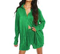 ORANDESIGNE Completi Tuta Casual 2 Pezzi da Donna Completi Manica Lunga in Camicie abbottonate e Mini Pantaloni Corti con Coulisse a Vita Alta Set per Y2K Estate Autunno D Verde L