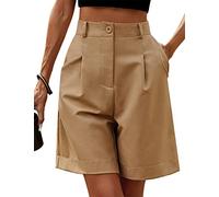 ORANDESIGNE Donna Bermuda Shorts Casual Vita Elastica Pantaloncini a Gamba Larga Lunghezza al Ginocchio Pantaloncini Estivi con Tasche Vita Alta Colore Solido Shorts per Il Tempo Libero A Cammello L