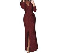 ORANDESIGNE Donna Elegante Scollo V Maxi Vestito Lungo Maniche Lunghe Splendente Abito Cerimonia Cocktail Nozze Festa A Vino Rosso 50