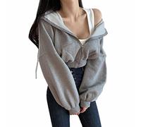 ORANDESIGNE Donna Felpe con Cappuccio Manica Lunga Casual Chic Tinta Unita Crop Felpa Cardigan Hoodie con Zip Primavera Autunno Sweathirt B Grigio L