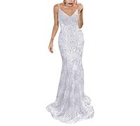 ORANDESIGNE Donna Sottile Vestito Abito Maxi Vestiti da Cerimonia Abito da Sera Partito Festa Banchetto Abito a Tubino Scollo a V Lungo Sexy Vestito Bretelle Sposa Abito Paillettes F Bianca M