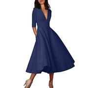ORANDESIGNE Donna Vestiti Lunghi da Matrimonio Elegante Collo V Vestito A Pieghe Skater Cocktail Abito Maniche 3/4 Maxi Damigella Sera Cerimonia Primavera Marina 46