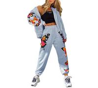 ORANDESIGNE Felpa con Cappuccio da Donna Manica Lunga con Stampa a Farfalla Tute Sportive da Fitness Pantaloni Sciolto Casual in 2 Pezzi Set Primavera Autunno A Blu M