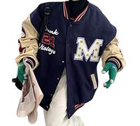 ORANDESIGNE Giacca da Baseball Donna Oversize Giacche da Ricamo a Maniche Lunghe con Lettere Tasche Bottoni in Pelle Moda Felpa Motociclista Casual Vintage Autunno I Marina XL
