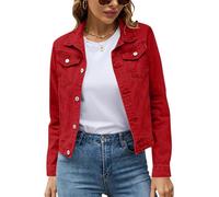 ORANDESIGNE Giacca di Denim da Donna Casual Giacca Corta Jeans Elegante con Tasche Jacket Moda Cappotto Ragazze Manica Lunga Outerwear Giubbino Denim A Rosso XS