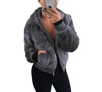 ORANDESIGNE Giacca Donna Elegant Corta Giubbotto Pelliccia Interna Cappotto in Pile con Cappuccio Corto Teddy Bear Casuale Jacket Outwear Coat con Tasca C Grigio Scuro XS