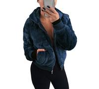ORANDESIGNE Giacca Donna Elegant Corta Giubbotto Pelliccia Interna Cappotto in Pile con Cappuccio Corto Teddy Bear Casuale Jacket Outwear Coat con Tasca C Blu XL