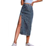 ORANDESIGNE Gonna Lunga di Jeans con Vita Elastica Donna Denim con Spacco Gonna di Jeans al Ginocchio Gonne Elegante Midi Asimmetrica Gonna con Bottoni A02 M