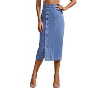 ORANDESIGNE Gonna Lunga di Jeans con Vita Elastica Donna Denim con Spacco Gonna di Jeans al Ginocchio Gonne Elegante Midi Asimmetrica Gonna con Bottoni A01 S