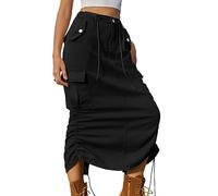 ORANDESIGNE Gonna Lunga di Jeans con Vita Elastica Donna Denim con Spacco Midi Gonna di Jeans Gonne Vintage Elegante Gonna Cargo con Tasche e Bottoni Primavera e Autunno A Nero XS