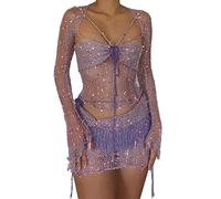 ORANDESIGNE Gonna Set in Maglia di Donne in Paillettes 2 Pezzi Scintillanti Scava Fuori Manica Lunga Crop Top Mini Abiti Sexy Y2K Gonna Copricostume da Spiaggia B Viola XS