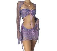 ORANDESIGNE Gonna Set in Maglia di Donne in Paillettes 2 Pezzi Scintillanti Scava Fuori Manica Lunga Crop Top Mini Abiti Sexy Y2K Gonna Copricostume da Spiaggia A Viola XS