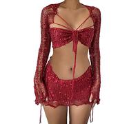 ORANDESIGNE Gonna Set in Maglia di Donne in Paillettes 2 Pezzi Scintillanti Scava Fuori Manica Lunga Crop Top Mini Abiti Sexy Y2K Gonna Copricostume da Spiaggia A Rosso XS