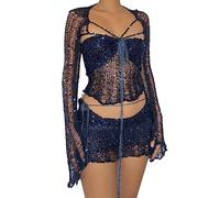 ORANDESIGNE Gonna Set in Maglia di Donne in Paillettes 2 Pezzi Scintillanti Scava Fuori Manica Lunga Crop Top Mini Gonna Abiti Sexy Y2K Gonna Copricostume da Spiaggia B Blu Scuro S