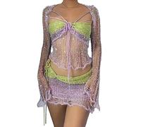 ORANDESIGNE Gonna Set in Maglia di Donne in Paillettes 2 Pezzi Scintillanti Scava Fuori Manica Lunga Crop Top Mini Gonna Abiti Sexy Y2K Gonna Copricostume da Spiaggia B Viola Chiaro L