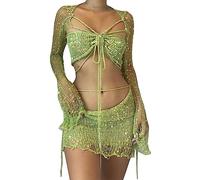 ORANDESIGNE Gonna Set in Maglia di Donne in Paillettes 2 Pezzi Scintillanti Scava Fuori Manica Lunga Crop Top Mini Abiti Sexy Y2K Gonna Copricostume da Spiaggia A Verde XS