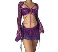 ORANDESIGNE Gonna Set in Maglia di Donne in Paillettes 2 Pezzi Scintillanti Scava Fuori Manica Lunga Crop Top Mini Gonna Abiti Sexy Y2K Gonna Copricostume da Spiaggia A Viola Scuro S