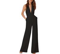 ORANDESIGNE Hang Neck Tuta Scollo a V Sexy Tinta Unita Tuta con Pantaloni Lungo Vestito Abito Cerimonia da Donna Elegante Casual Party 02-Nero M