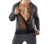 ORANDESIGNE Intimo da Uomo T-Shirt a Rete Trasparente Maglietta a Manica Lunga Camicetta Slim Fit Biancheria Intima Camicia da Ballo Latino Jazz Danza Moderna Palestra E Nero M
