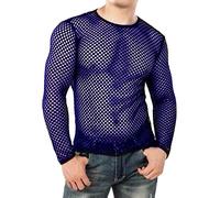 ORANDESIGNE Intimo da Uomo T-Shirt a Rete Trasparente Maglietta a Manica Lunga Camicetta Slim Fit Biancheria Intima Camicia da Ballo Latino Jazz Danza Moderna Palestra I Blu Scuro XL