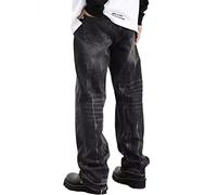 ORANDESIGNE Jeans da Uomo Ricamati con Lettera Posteriore Pantaloni Larghi Hip-Hop a Gamba Larga Pantaloni abbottonati per la Strada Alta O Nero S