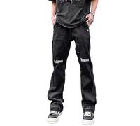 ORANDESIGNE Jeans da Uomo Ricamati con Lettera Posteriore Pantaloni Larghi Hip-Hop a Gamba Larga Pantaloni abbottonati per la Strada Alta Q Nero S