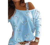 ORANDESIGNE Maglie a Forma di Cuore Donna Spalla Senza Spalline Tops Tie Dye Casuale Magliette Maniche Lunghe Vintage Pullover Valentine's T-Shirt Bluse A Blu XS