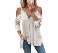 ORANDESIGNE Magliette Donna Camicia con Spalle Scoperte in Pizzo Vuoto Maniche Corte Scollo a V Cerniera Casual Tinta Unita T-Shirt Pieghettata Bluse Tops Lungo A Bianca XL