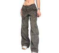 ORANDESIGNE Pantaloni Cargo a Vita Bassa da Donna Indie Aesthetic Y2K Pantaloni Jogger con Coulisse Hip Hop Pantaloni Larghi Hippie Punk 90er E-Girl Ragazze Adolescenti Harajuku Streetwear F Grigio S