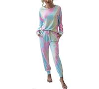 ORANDESIGNE Pigiama Donna Invernale,Pigiama da Donna Maniche Lunghe,Pigiami Due Pezzi da Donna, Tie Dye Pigiama Una Spalla con Tasca Coulisse per Notte A Rose XS