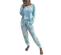 ORANDESIGNE Pigiama Donna Invernale,Pigiama da Donna Maniche Lunghe,Pigiami Due Pezzi da Donna, Tie Dye Pigiama Una Spalla con Tasca Coulisse per Notte A Blu XL