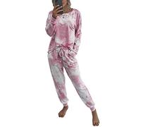 ORANDESIGNE Pigiama Donna Invernale,Pigiama da Donna Maniche Lunghe,Pigiami Due Pezzi da Donna, Tie Dye Pigiama Una Spalla con Tasca Coulisse per Notte A Rosa XL